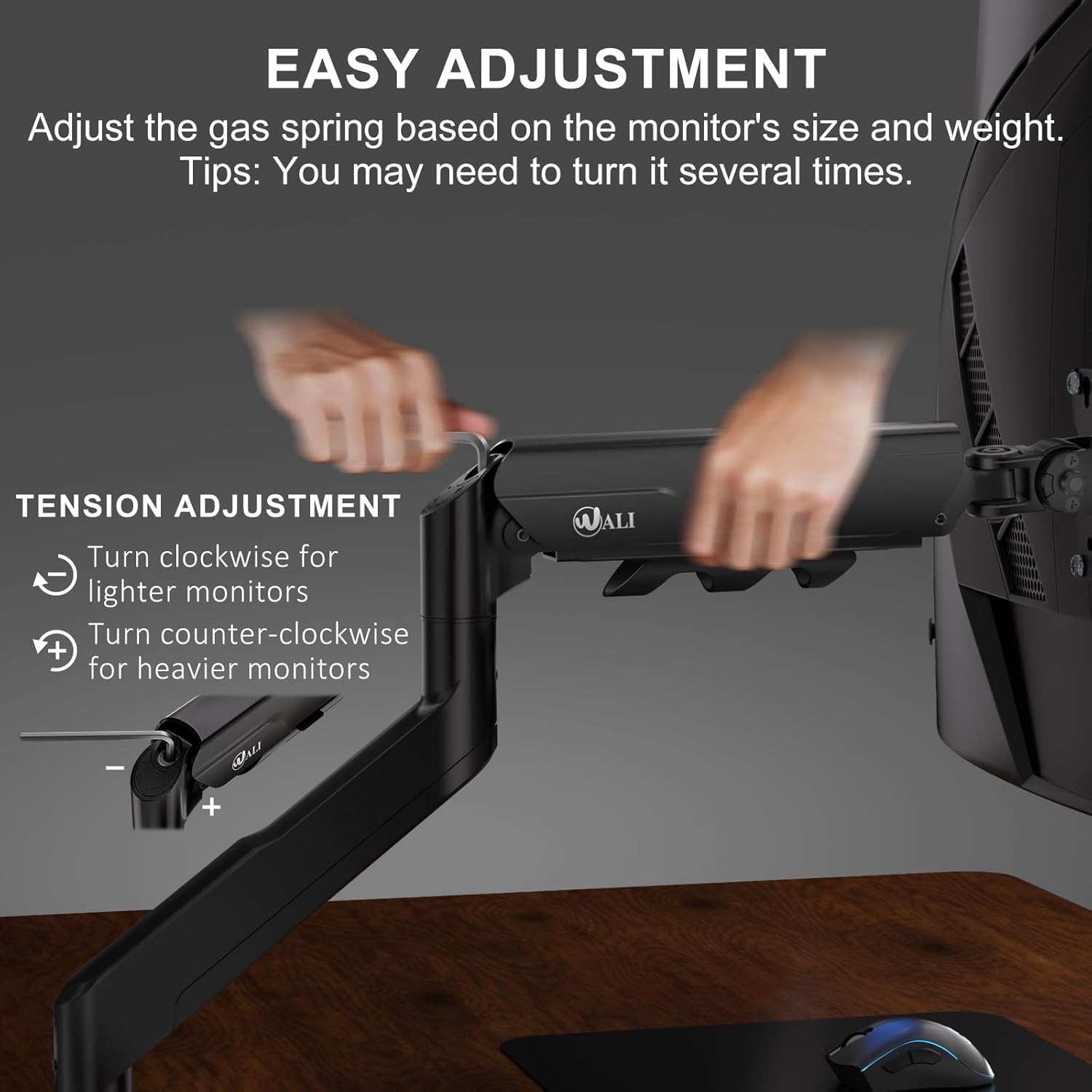 WALI Heavy Duty Single Monitor Arm - Adjustable Gas Spring Desk Mount for 17-49 Inch Screens | Black