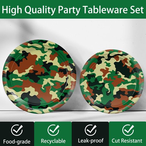 206pcs Camo Party Decorations Paper Plates Napkins Camouflage Tableware Set Disposable Cups Forks Knives Spoons with Camo Tablecloth Banner for Boy Camouflage Hunting Military Birthday Party Supplies