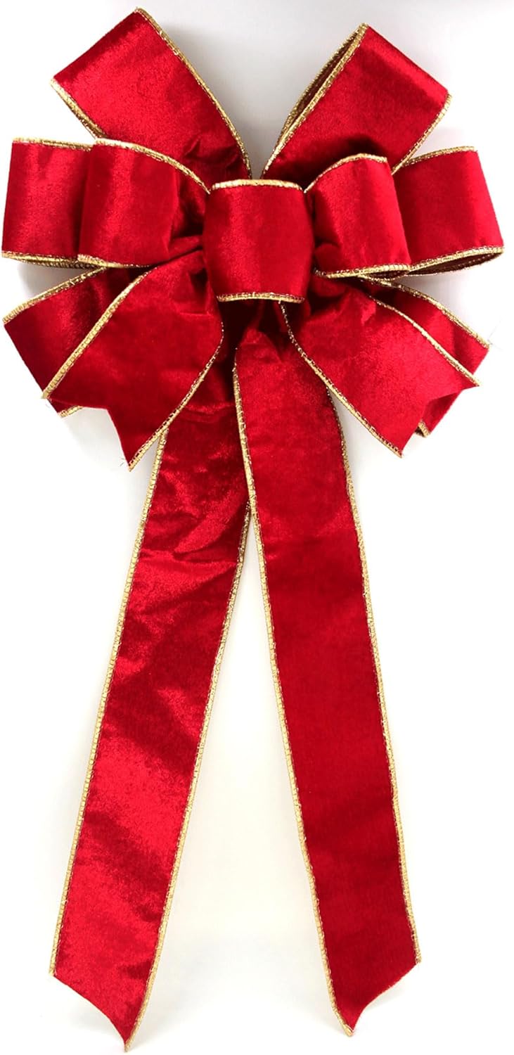 Red Velvet Christmas Bows - Gold Wired Decorative Bows for Wreaths, Trees & Outdoor Use | Gift Box Included