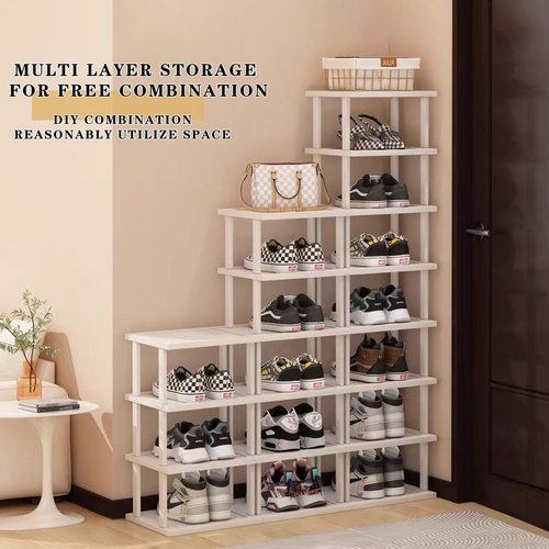 SAN HE Bamboo Shoe Rack 5Tier- Vertical White Shoe Rack for Small Spaces, Tall Narrow Shoe Rack Organizer for Closet Entryway Corner Garage and Bedroom,Skinny Shoe Shelf with Free Stackable DIY