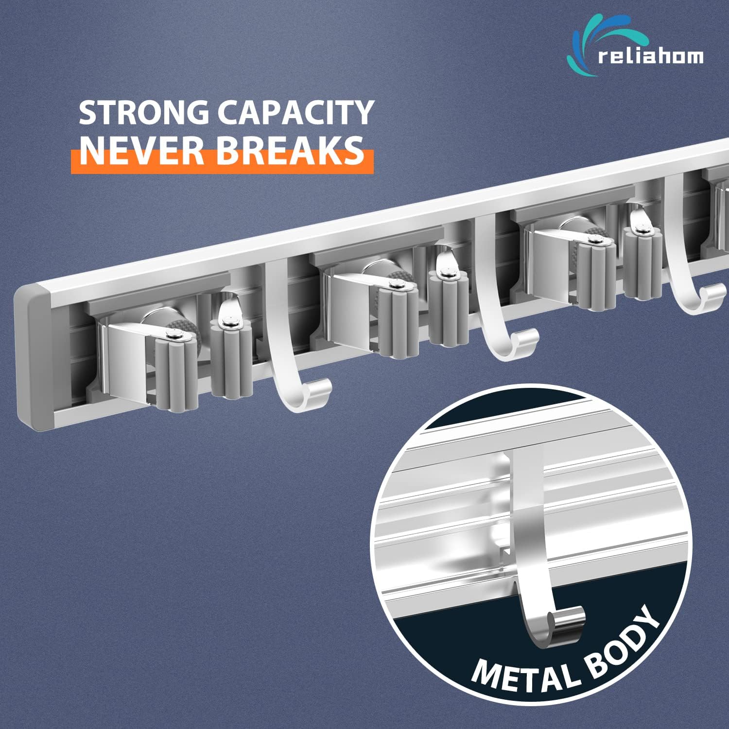 Reliahom Broom Holder Wall Mount - 5 Racks & 4 Hooks for Garage, Kitchen, Garden & Laundry