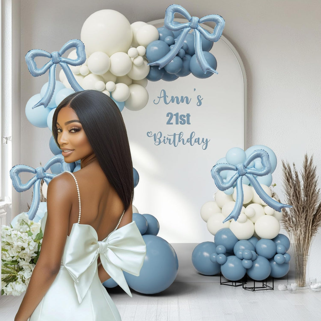 Skiennix 4Pcs Blue Bow Foil Balloons Set - Dusty Blue Mylar Balloons for Birthday & Baby Shower Decor