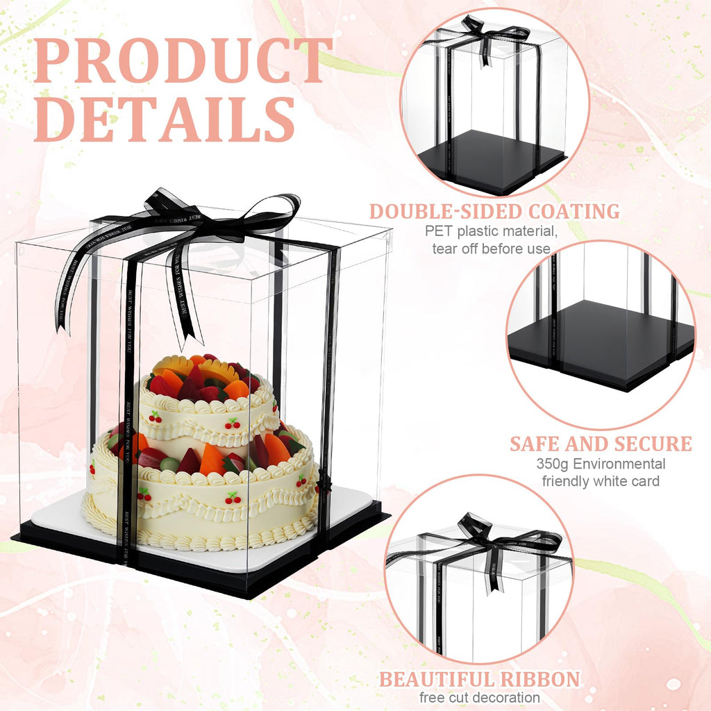 Maxdot 10 Pcs Transparent Tall Cake Boxes 12" x 12" x 14" Large Clear Cake Box with Ribbon Cake Carrier PET Wedding Cake Storage Container Clear Gift Boxes for Party Birthday Dessert Display (Black)