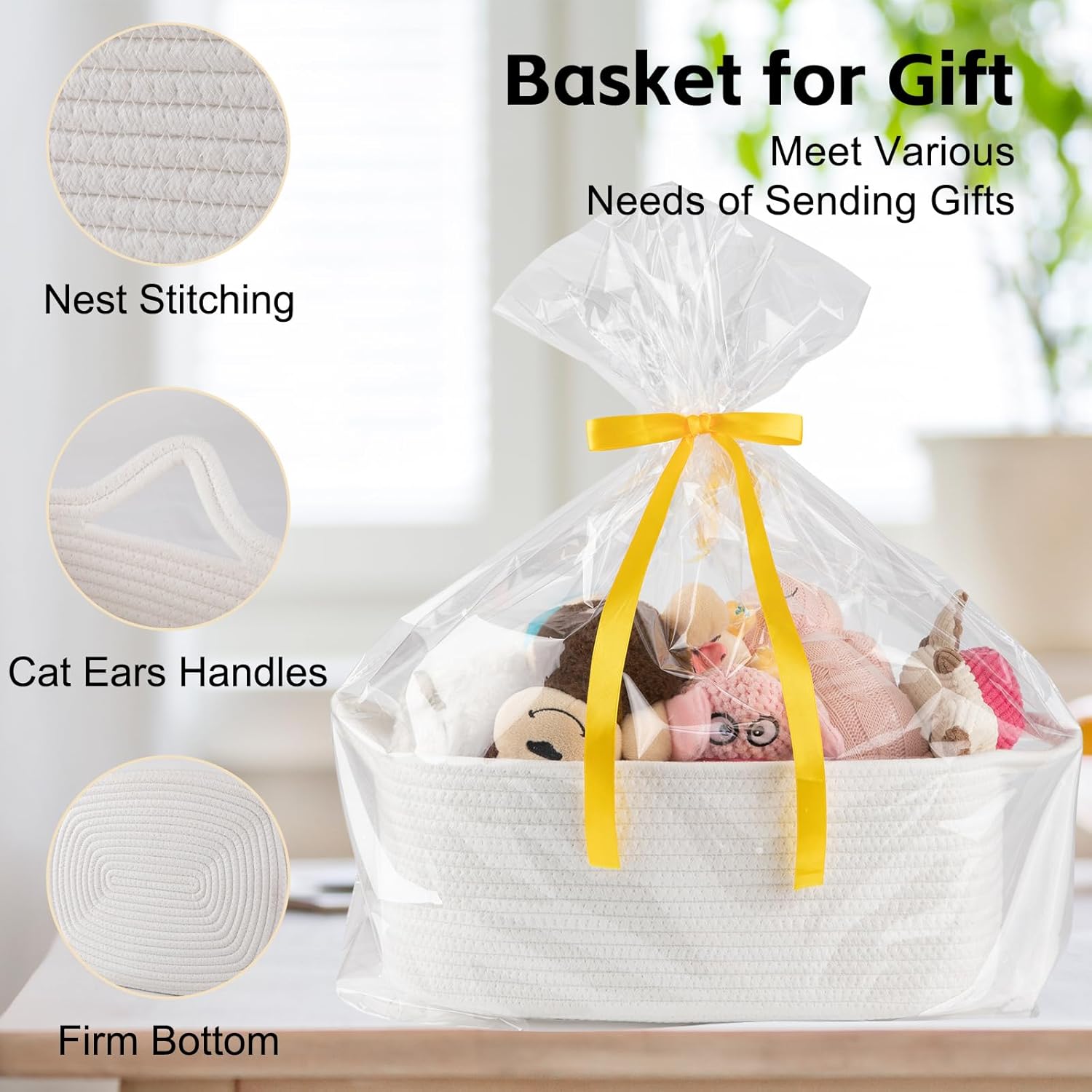 OIAHOMY Woven Storage Basket - 19L Gift Basket with Handles for Baby Showers & Nursery - White