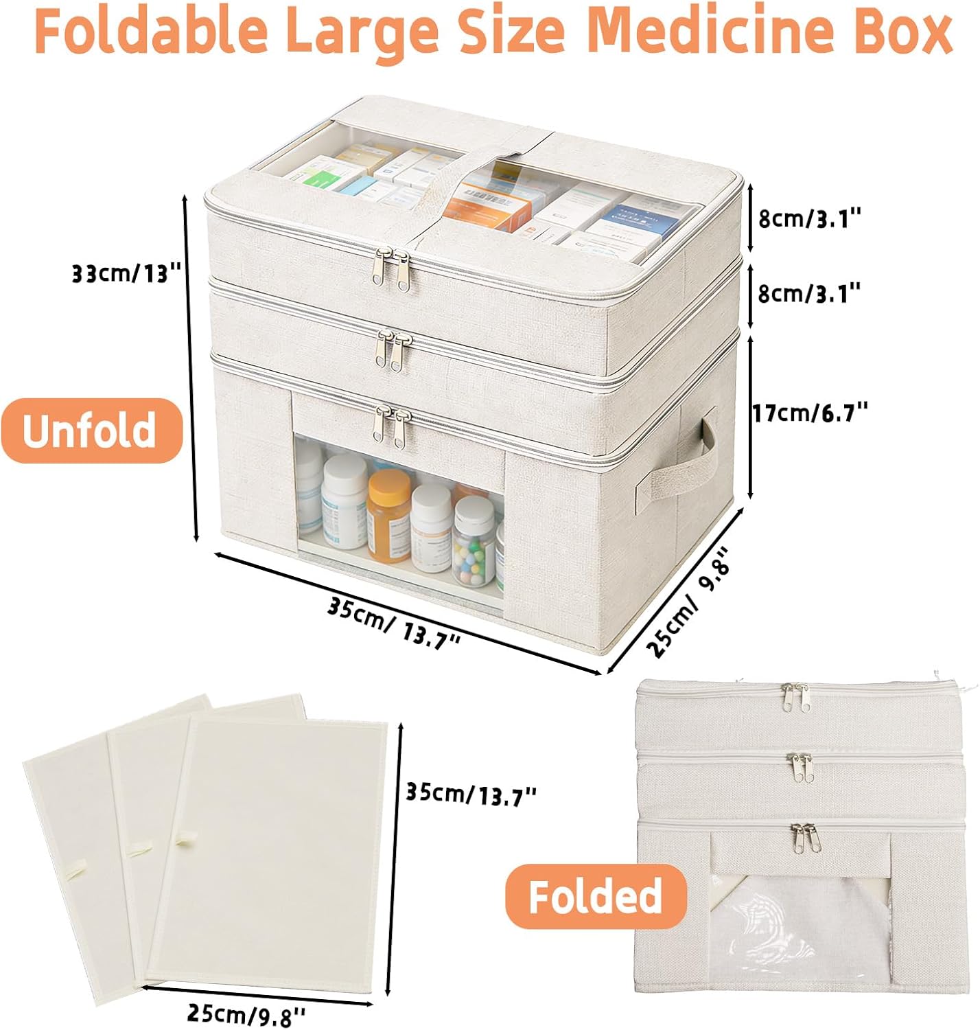 Skiennix 3-Tier Medicine Cabinet Organizer - Foldable Fabric Storage Box with Clear Cover & Handle | Ideal for Home & Travel