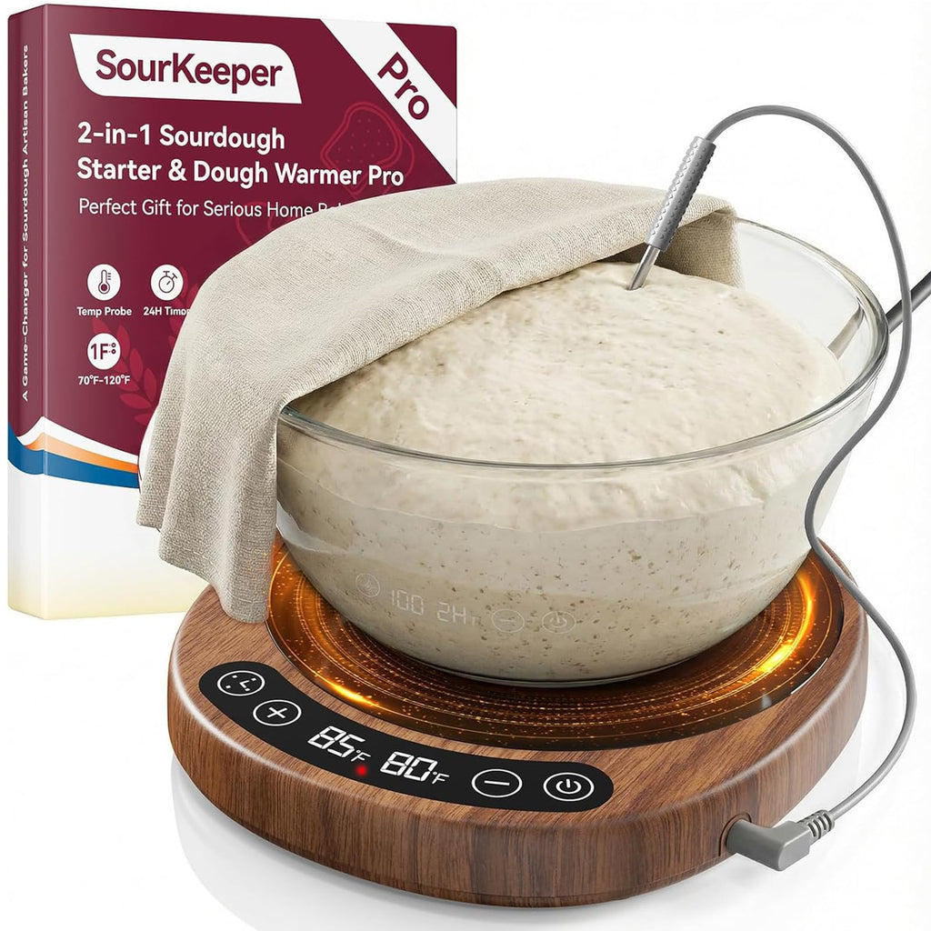 Pakusane SourKeeper, Larger 2-in-1 Sourdough Starter Warmer Pro - 2026 Upgrade Larger Heating Plate, Dough Temp Probe, 1°F Control (70–110°F), 24H Timer, Real-Time Monitoring Walnut,6.5inch