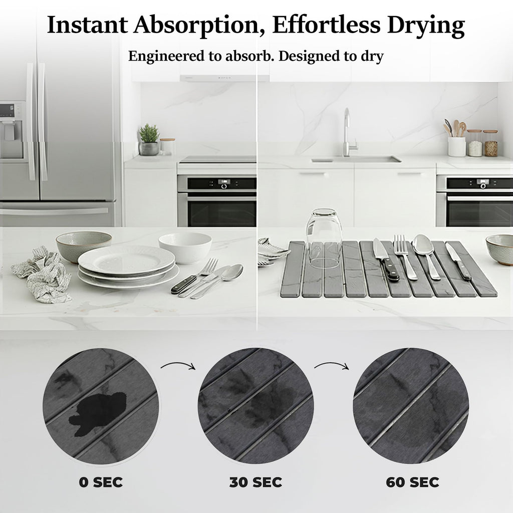 Large Stone Dish Drying Mat for Kitchen Counter 23.5”x 15.25” – Elegant Marbled-Inspired Surface Quick-Dry Absorbent Diatomaceous Earth - Multi-Use & Kitchen Mat for Dishes & Bottle Cups (Dark Gray)