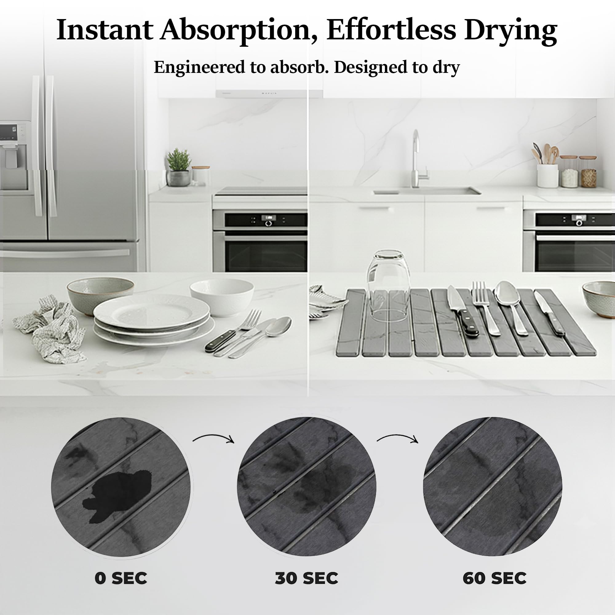 Large Stone Dish Drying Mat for Kitchen Counter 23.5”x 15.25” – Elegant Marbled-Inspired Surface Quick-Dry Absorbent Diatomaceous Earth - Multi-Use & Kitchen Mat for Dishes & Bottle Cups (Dark Gray)