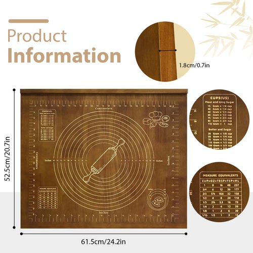 Kuabiz Wooden Pastry Board with Measurement 24'' x 20" Reversible Kneading Board with Side Lip and Engraved Ruler Bread Cutting Boards for Rolling Dough Baking Counter Top Kitchen (Brown)