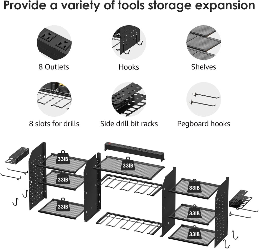 CCCEI Wall Mount Tool Organizer - 39 Inch Power Tool Storage Rack with 6FT Power Strip & 8 Drill Holders