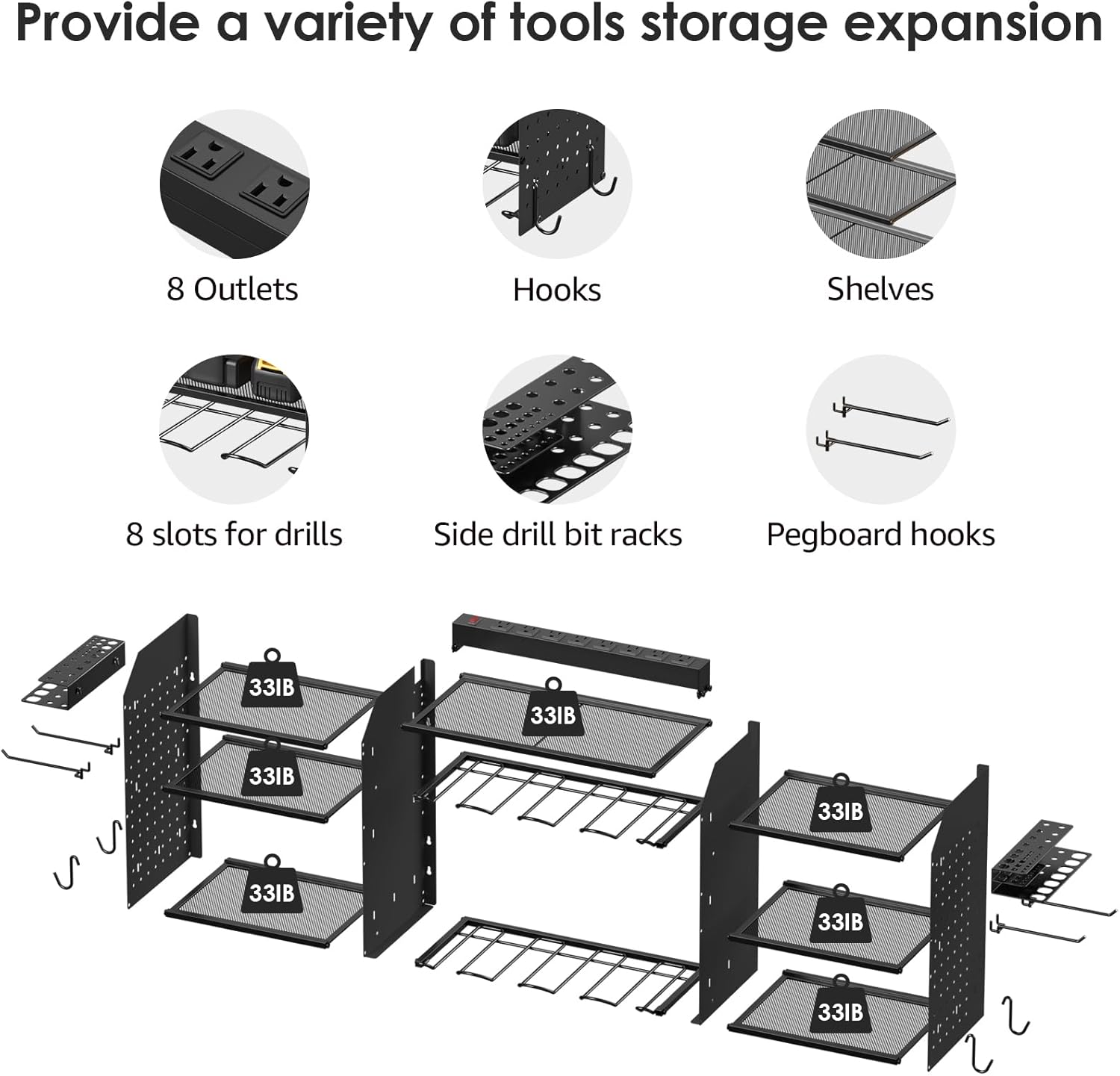 CCCEI Wall Mount Tool Organizer - 39 Inch Power Tool Storage Rack with 6FT Power Strip & 8 Drill Holders