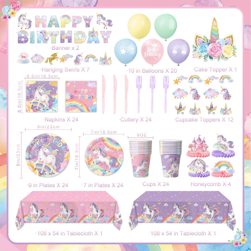 NKPDAXM Unicorn Birthday Decorations - Plates, Napkins, Cups, Cutlery, Hanging Swirls, Banner, Honeycomb Centerpiece, Balloons, Tablecloths for Rainbow Girls Birthday Party Decorations, Serves 24