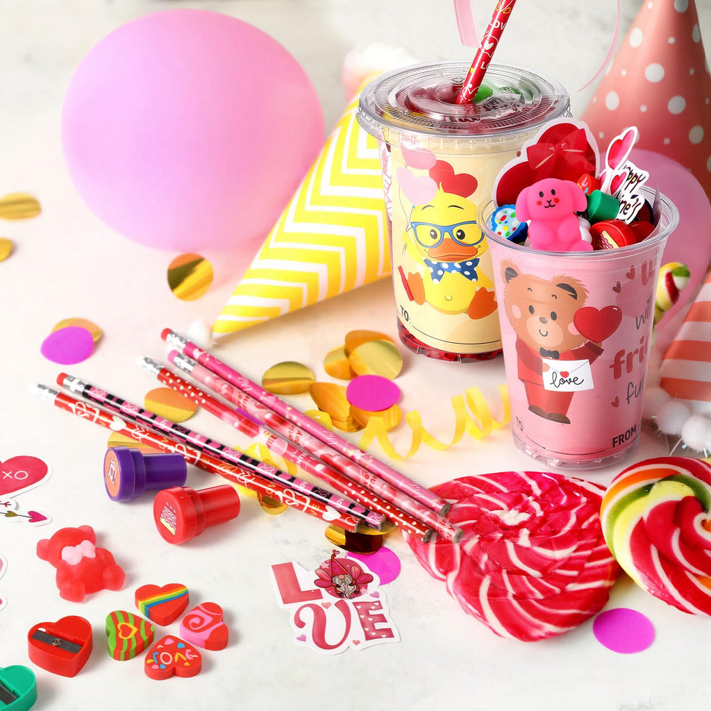 Vesici 323 Pcs Valentine's Day Gifts Bulk Valentines Party Favor Exchange Gift Galentines Supplies with Cup Cards Sticker Pencil Eraser Stamp