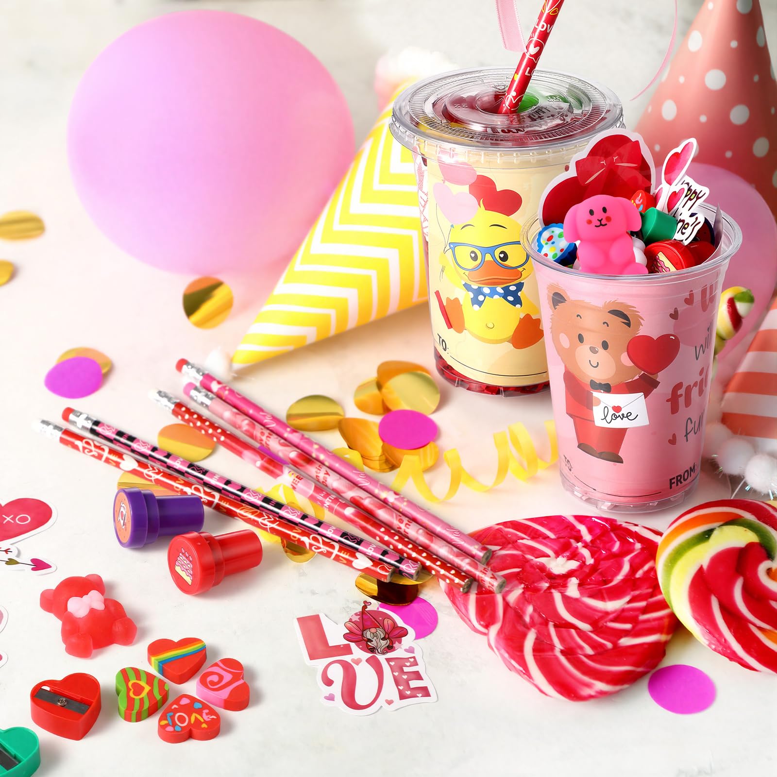 Vesici 323 Pcs Valentine's Day Gifts Bulk Valentines Party Favor Exchange Gift Galentines Supplies with Cup Cards Sticker Pencil Eraser Stamp