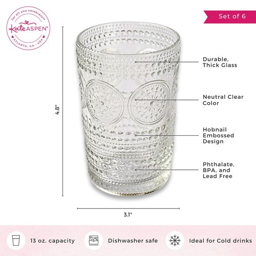 Hobnail Beaded Floral Clear Drinking Glasses Set of 6, (13 oz) Vintage Glassware Set by Kate Aspen| Cocktail Glass Set, Juice Glass, Water Cups | Great Hostess Gift & Gift for New Home Owners