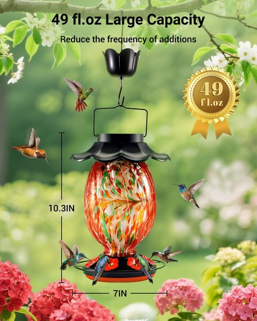 HouseSapp Solar Hummingbird Feeder - 49 fl. oz Color Changing Glass - 7 Feeding Ports & Perch