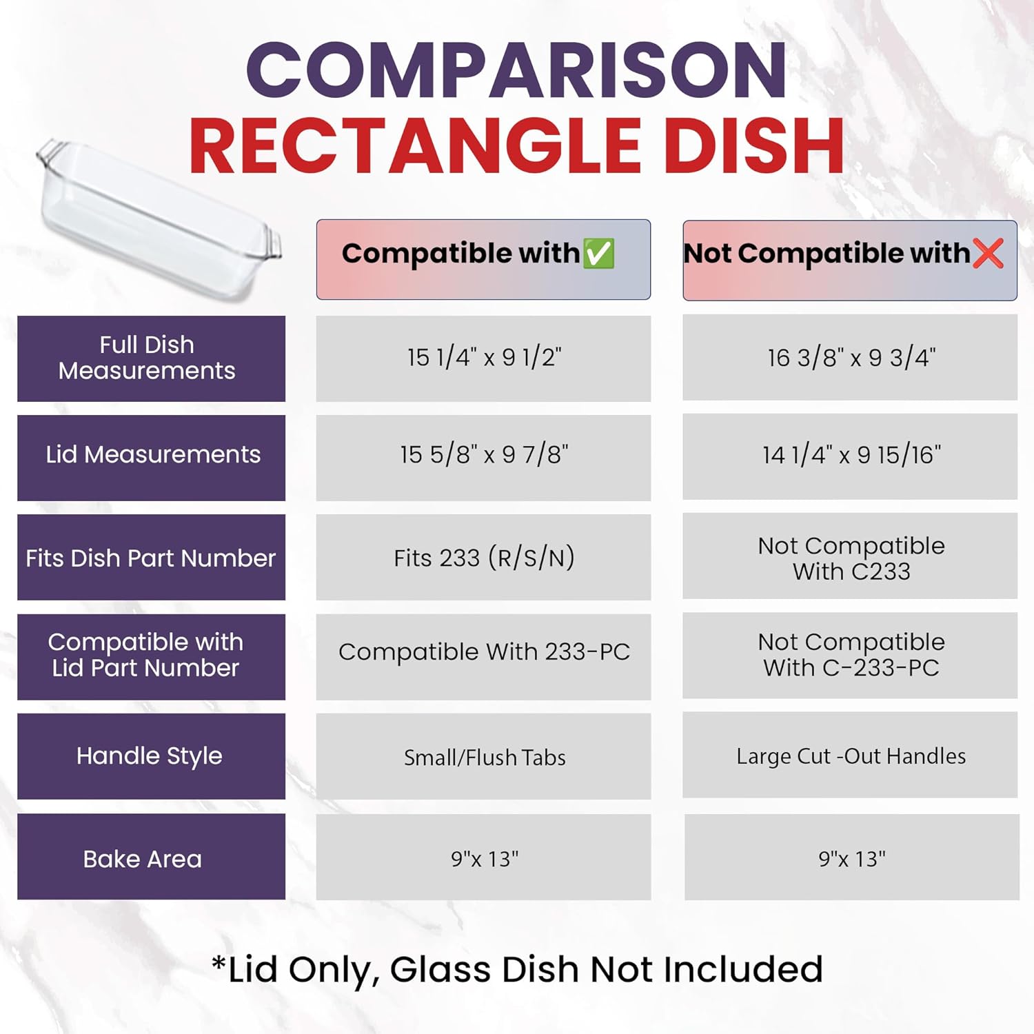 Pyrex Replacement Lid - Fits 9x13 Glass Casserole Baking Dish | Purple Tab Handle 3-Quart Model 233-PC