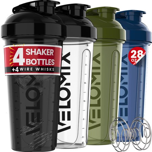 VELOMIX -4 PACK- 28 oz Protein Shaker Bottle for Protein Mixes - 4x Wire Whisk | Leak Proof Shaker Cups for Protein Shakes | Protein Shaker Bottle Pack | Protein Shake Cup (NeoCool Pack)