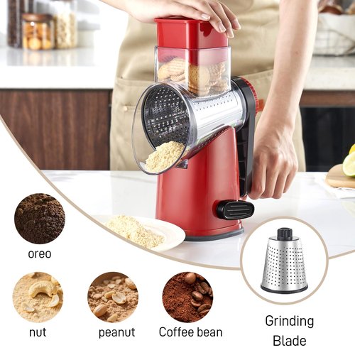 Weltonhm Rotary Cheese Graters with 4 Blades, Hand Crank Cheese Grater with Waffle Slicer, Red, Black and White Cheese Shredder with Suction Base, Easier for Shredding & Grating (Red, 4 Graters)