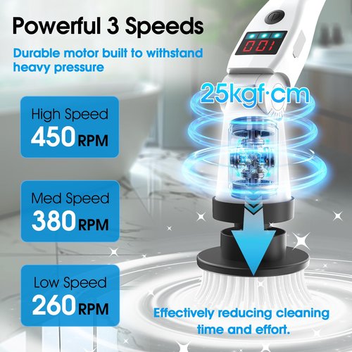 Electric Spin Scrubber, Shower Scrubber with Long Handle, Rechargeable Cordless Power Scrubber, Retractable & Adjustable Angle Spin Brush for Cleaning Bathroom/Tub/Floor/Tile (Black-White)