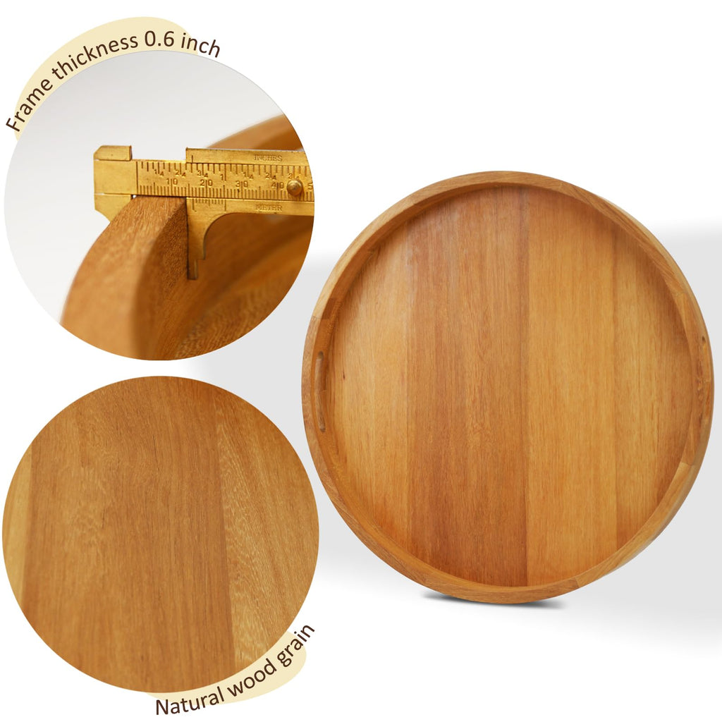 MAGIGO 20 Inches Extra Large Round Teak Wood Ottoman Tray with Handles, Serve Tea, Coffee Classic Wooden Decorative Serving Tray