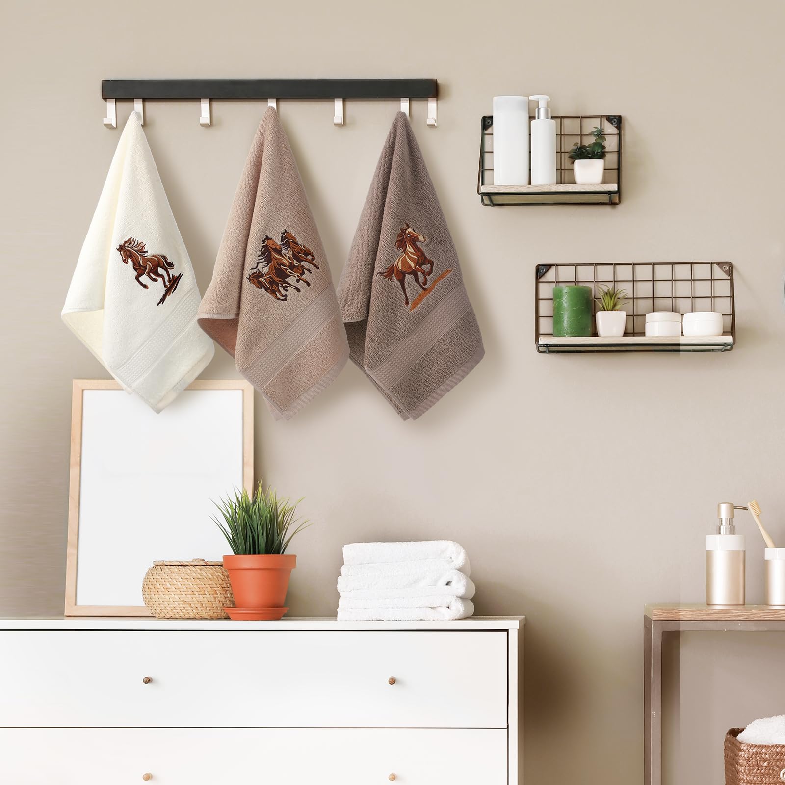 Hillsuren 3 Pcs Western Horse Hand Towels Set for Bathroom 100% Cotton Embroidered Decorative Equestrian Horse Themed Gifts Farmhouse Towels for Bathroom Kitchen Decor 13. 3 x 29. 5''