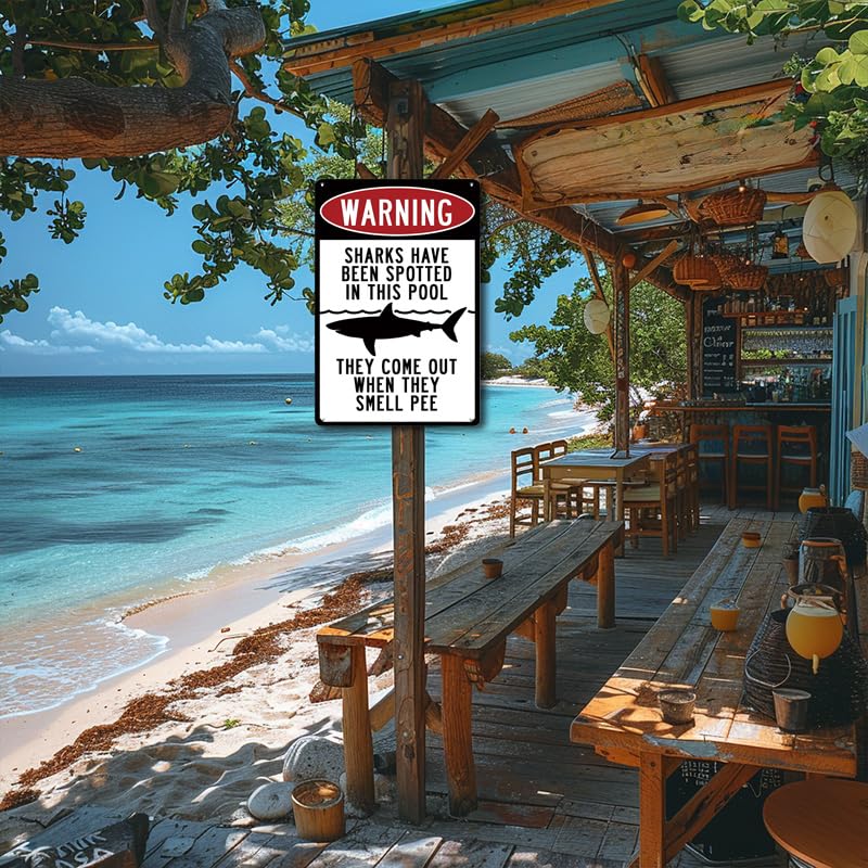 Funny Shark Warning Pool Sign - 8x12 Inch Metal Swimming Pool Decor