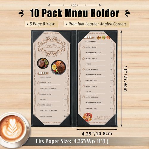 FLKQC Restaurant Menu Covers Holders 4.25" x 11" | 10 Pack 8 View Synthetic Leather Menu Holder Black for Wine List, Drinks, Commercial Menu Holder (10, Five Fold Panels (4.25 x 11 inch))