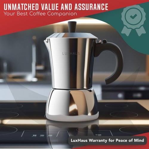 LuxHaus Moka Pot - 9 Cup Stovetop Espresso Maker - 100% Stainless Steel Italian and Cuban Mocha Coffee Maker