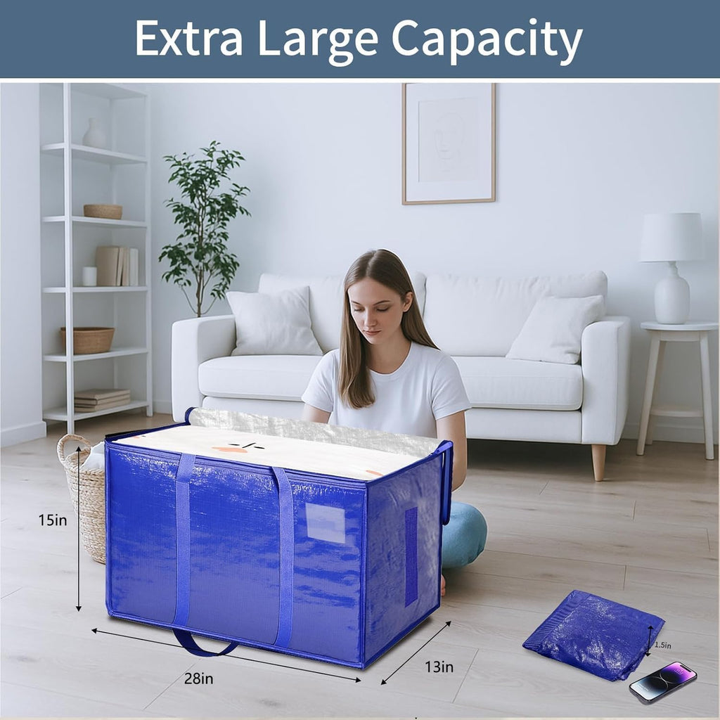 Skiennix Extra Large Heavy Duty Moving Bags - Waterproof Storage Totes with Handles & Zippers | Foldable for College Dorm (Blue)