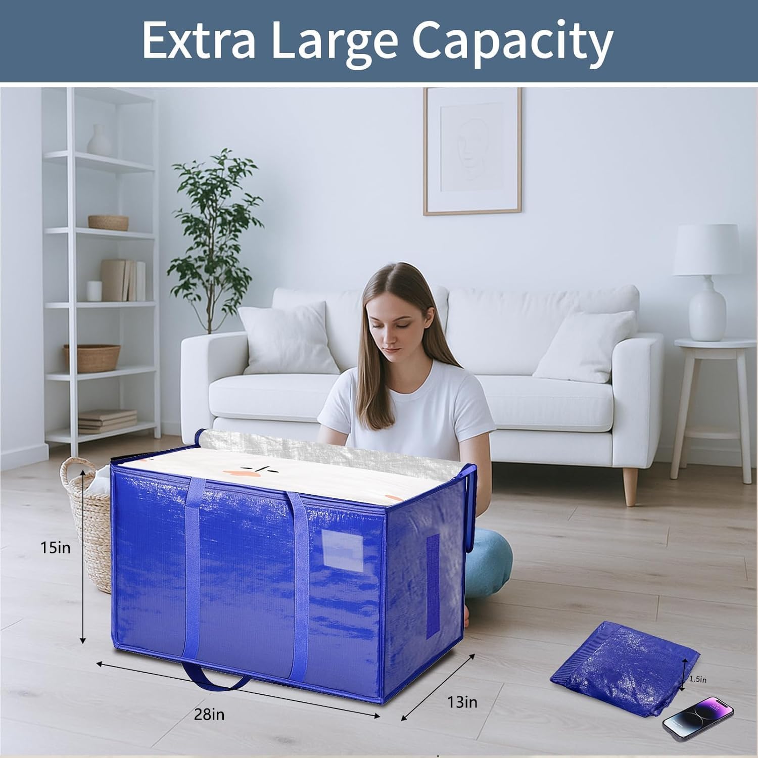Skiennix Extra Large Heavy Duty Moving Bags - Waterproof Storage Totes with Handles & Zippers | Foldable for College Dorm (Blue)