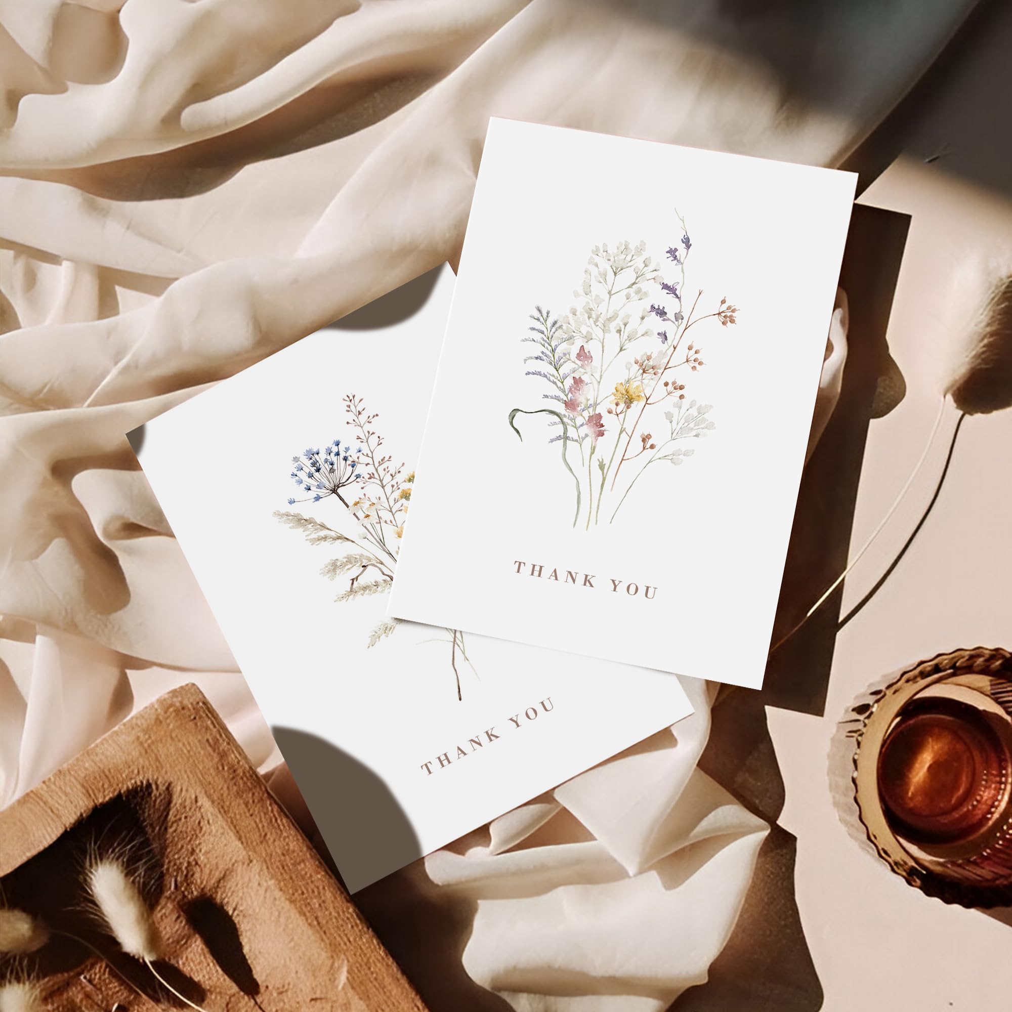 AUDREE Wildflower Thank You Cards with Envelopes (50 Pack 3.5" x 5.2") – Floral Thank You Notes with Adhesive Envelopes & Matching Stickers for Weddings, Baby & Bridal Showers