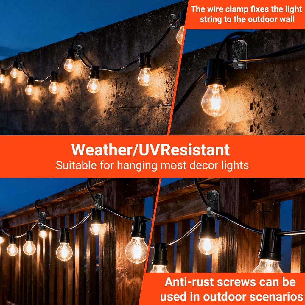 Skiennix String Light Hooks - Weatherproof Screw-In Clips for Outdoor Christmas Lights | 60 Pack (Black)