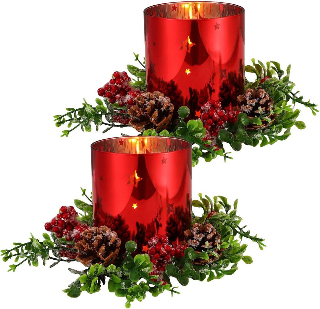 Sliner Christmas Glass Candle Holders - 4 Pcs 4.7 Inch Votive Holders with Berry Ring & Pinecone
