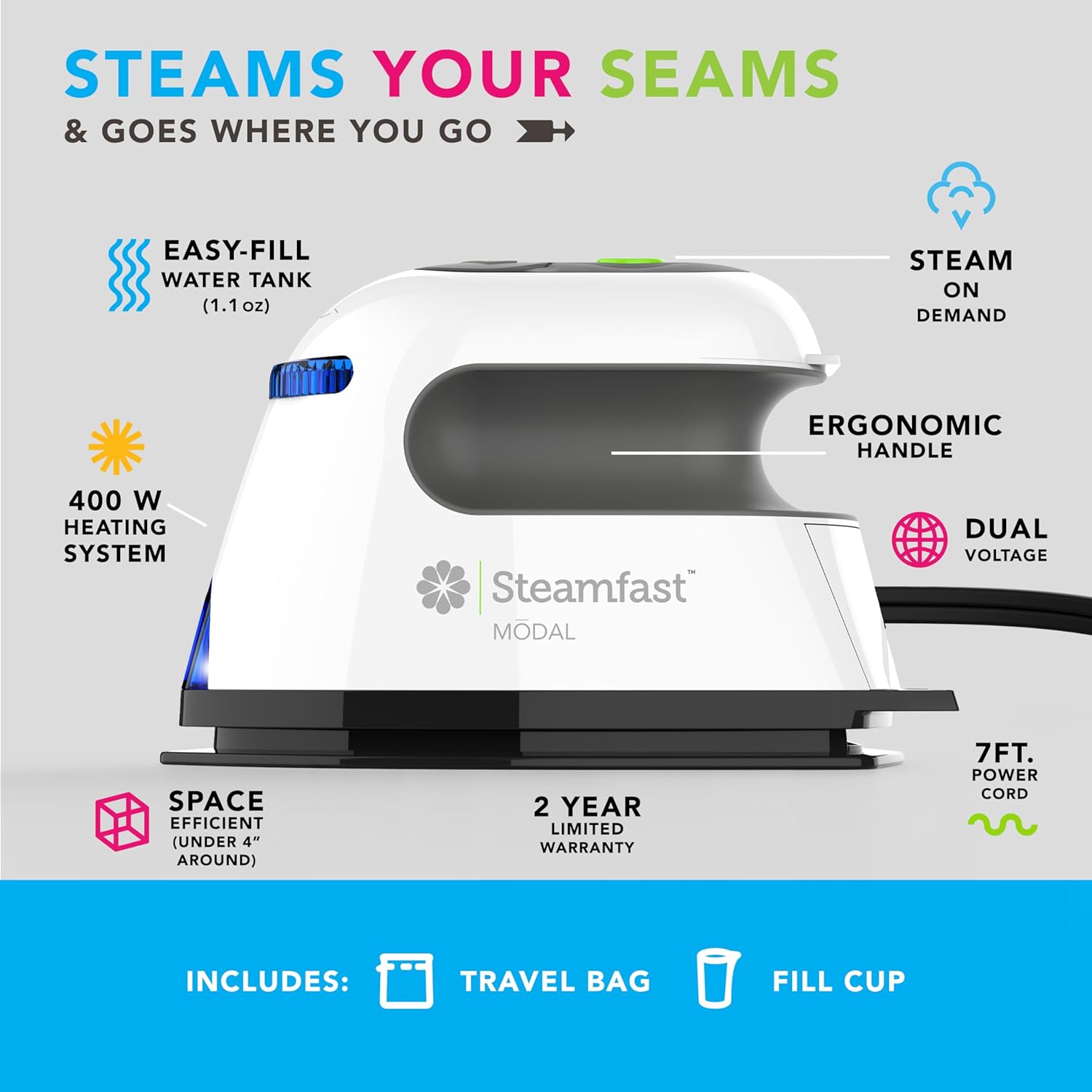 Steamfast Craft Steam Iron - Dual-Voltage, Non-Stick Sole Plate, Quick Heat, Portable & Easy to Clean | White