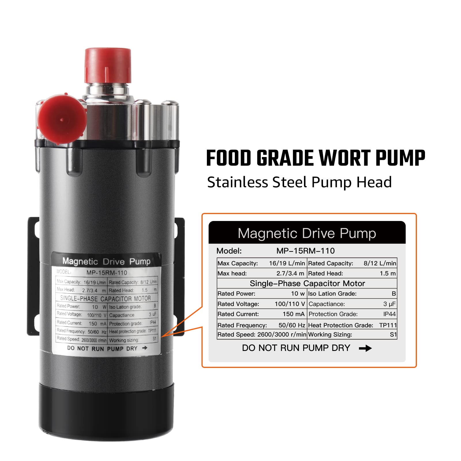 Hilangsan Wort Pump High Temp Brewing Pump Food Grade Pump Stainless Steel Head brew Pump Homebrew pump Magnetic Drive Pump Wort Transfer Pump with Inline Switch Mini Valve Quick Disconnects(gray)