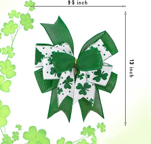 Clover Patrick's Day Wreath Bow - Green Shamrock DIY Holiday Ribbon Ornament | 9.5 x 13 Inch