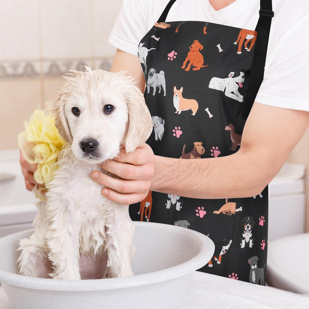 XLSXEXCL Dog Grooming Waterproof Apron with 2 Pockets, Puppy Pets Apron, Adjustable Painting Gardening Cooking Gift for Men Women (Animals + Paw)