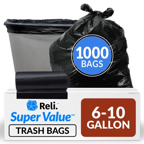 Reli. 6-10 Gallon Trash Bags | 1000 Bags | Black | Bathroom | Strong | Garbage