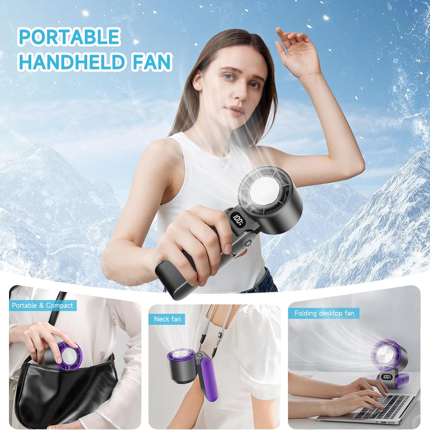 Skiennix Portable Handheld Turbo Fan - Rechargeable Mini Fan with 1-100 Speeds | Perfect for Summer Travel & Outdoor Use (Black)