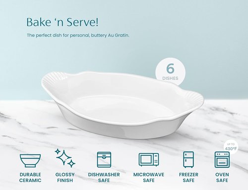 Kook Mini Casserole Dishes - Set of 6 Oven & Microwave Safe Ceramic Au Gratin Baking Dishes | 12 oz (Ivory)