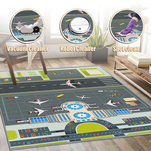 Kids Rug,Children's Room Rug, Fun Airport Kids Play Mat,Aerodrome Traffic System Playmat Carpet, Rail City Living Carpet, Washable Non-Slip Children's Mat (Airport, 31x47in)
