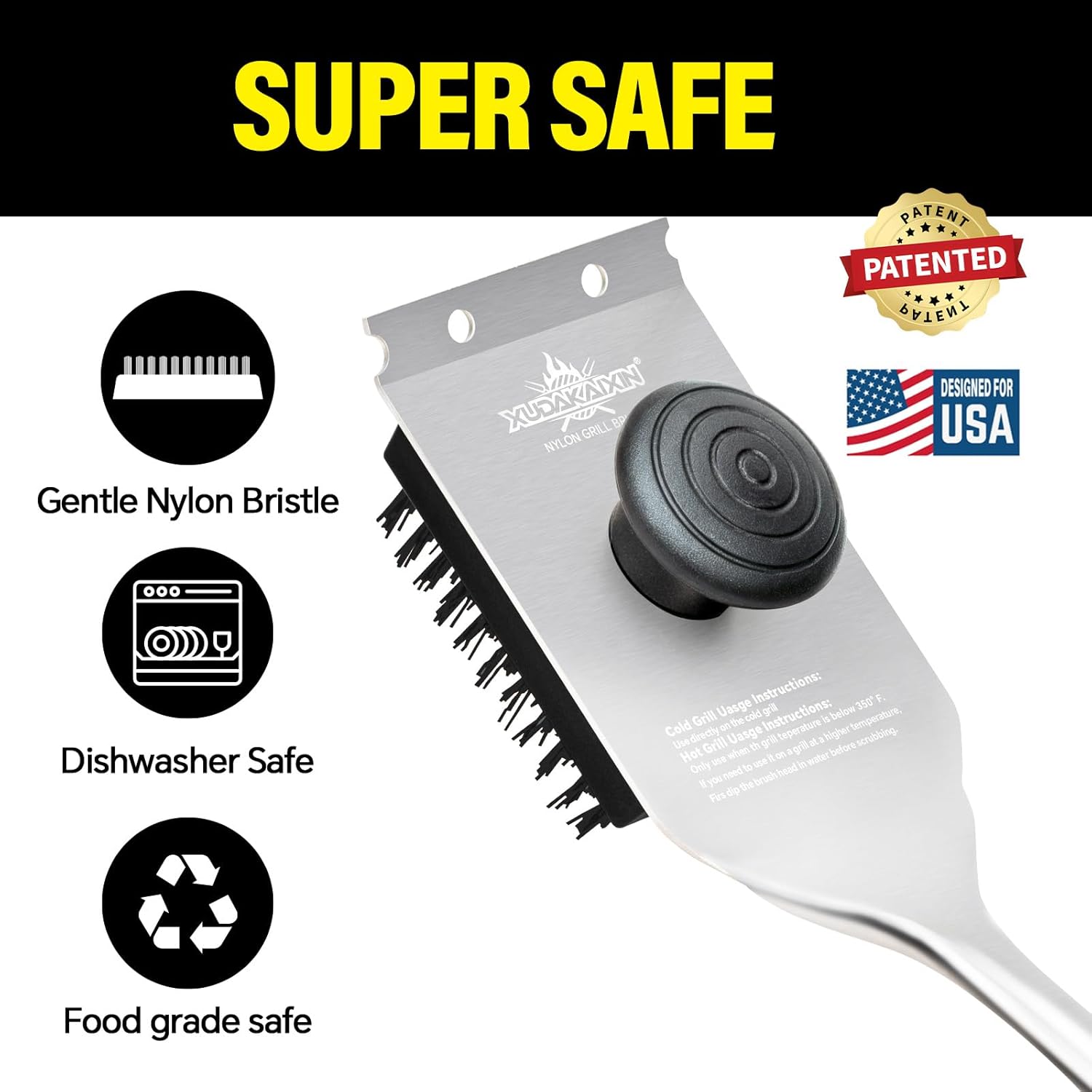 XUDAKAIXIN Nylon Grill Brush - Dual Grip Design with Luxurious Acacia Wood Handle | Safe for Barbecue Grates (Black)