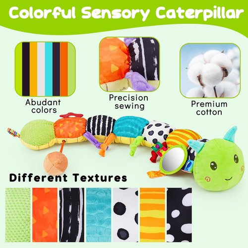 Baby Sensory Toy - Plush Caterpillar Music Rattle with Mirror | Ideal for Infants 0-12 Months