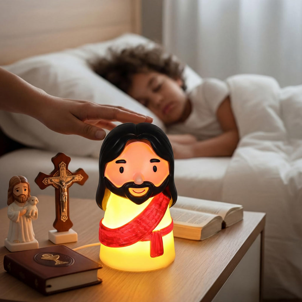 Huquary Cute Jesus Night Light, Jesus Gift, Dimmable PVC Christian Lamp, USB Rechargeable Touch Bedside Light, Baptism Favor, First Communion & Religious Graduation Gifts (3 x 5 Inch)(Red)