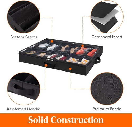 Lifewit Under Bed Shoe Storage Organizer - 2 Pack for 12 Pairs + 4 Pairs | Foldable Fabric Boxes with Clear Cover - Black
