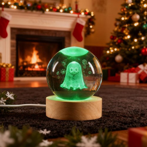 YummyCarrot 3D K9 Ghost Crystal Ball Night Light,2.36inch Smiling Spooky Ghost Crystal Lamp with Wooden Base for Birthday Gift, Birthday Lamp, Birthday Decor