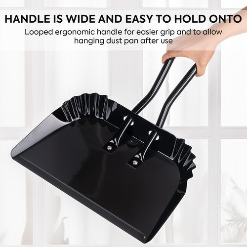 17In Extra Large Dust pan and Brush Set,Commercial Heavy-Duty Dust Pans and Wood Broom,Clip on Dust Pan Metal Edge Flat Against Floor for Patio/Pet/Car/Outdoor-Rubber Coated Easy to Grasp Handle