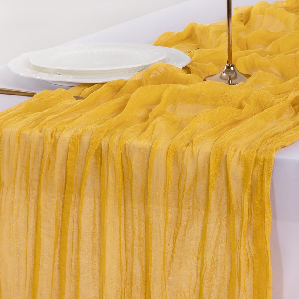 Socomi Gold Yellow Cheesecloth Table Runner - 120 Inch Boho Rustic Decor for Weddings & Events