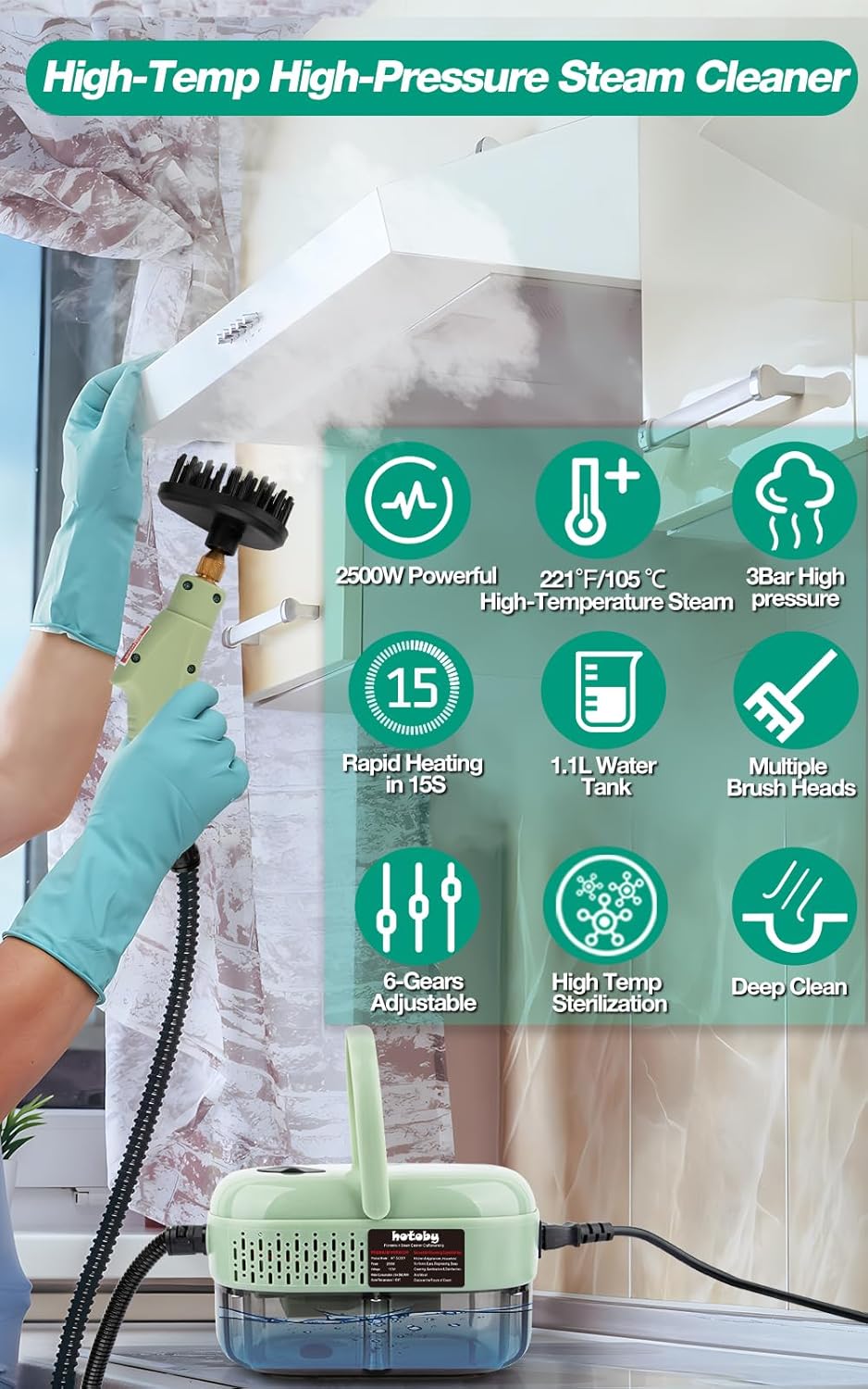 Skiennix Steam Cleaner - 2500W High Pressure Handheld Steamer with 6 Adjustable Gears | Portable for Home, Kitchen, Bathroom & Car Detailing (Green)